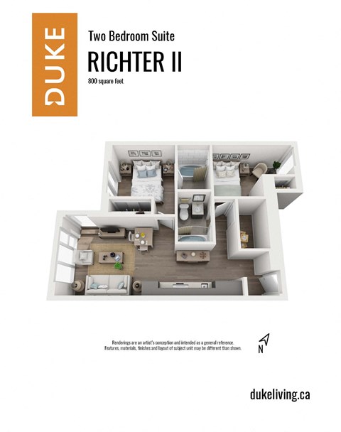 Floor plan for 2 beds, 2 baths, 801 sqft